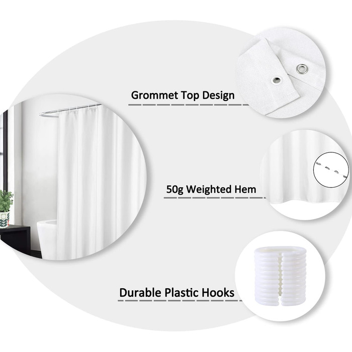 Штора для душу LinTimes з льону, 180x200 см, біла - важкий 240 GSM, з гачками, готельний люкс, машинне прання