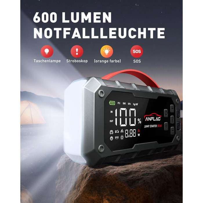 Портативний акумулятор Starthilfe ANFLAG 7000A 26800mAh з компресором 160PSI для автомобілів, підтримка бензинових та дизельних двигунів (14.0L), PD65W, LED-ліхтар