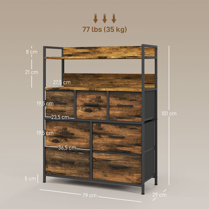 HOMCOM 7-Drawer Fabric Storage Chest of Drawers, Storage Cabinet, Dresser with 2 Shelves, Steel Frame for Bedroom, Living Room, Rustic Brown | Aosom