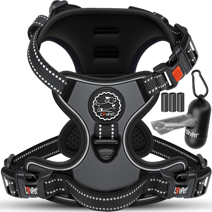 Шлейка для собак без натягу та задухи для маленьких собак та цуценят, дихаюча та м'яка, світловідбиваюча | Шлейка No-Pull з ручками та рулетами для відходів | Регульована шлейка з ручкою, колір антрацит, розмір L