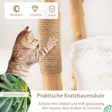 Дерев'яна кігтеточка SOARS для котів з 3 природними стовбурами, ліжком та плюшевими поверхнями, з іграшковим м'ячиком та джутовим мотузком, багатоповерхова, біла (124 см)