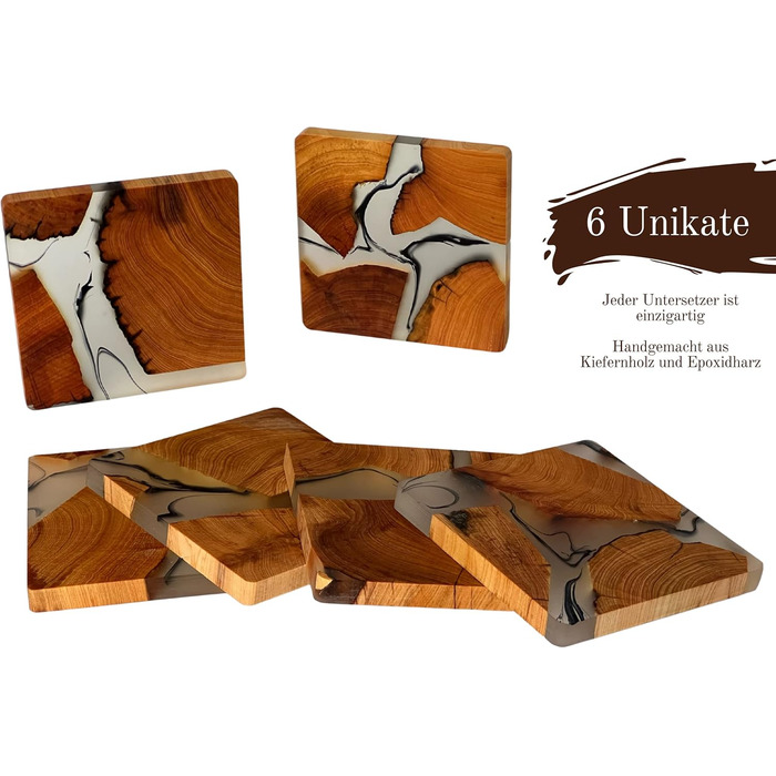 Shizuro Coasters made of wood, square - Set of 6 - Coasters for drinks, cups, mugs, glasses - Design, decor table coasters, real wood, epoxy resin, modern