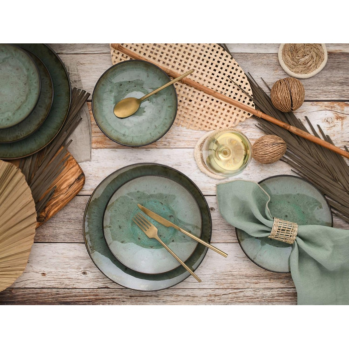 CreaTable Набір посуду Jawa, 18 предметів (12 тарілок) з каменю, для 6 осіб, зелений, миється в посудомийній машині, підходить для мікрохвильовки