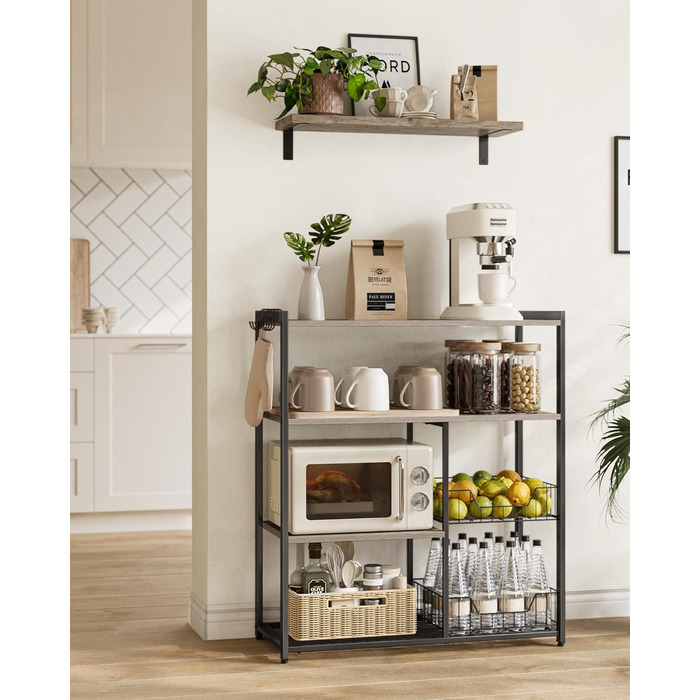 Стелаж кухонний VASAGLE з 2 металевими кошиками, бакалійний стелаж з гачками та полицями, для мікрохвильової печі, 35 x 80 x 93,5 см, золотий дуб + чорний
