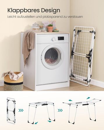SONGMICS Сушарка для білизни на коліщатках, металева, біла, 52.5 x 173 x 96.5 см, з тримачем для шкарпеток, для одягу, рушників та білизни