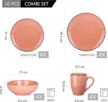Сервіз Vancasso Serie Navia Teller, 32 елементи, на 8 осіб, сучасний дизайн (Рожевий, 16 елементів)