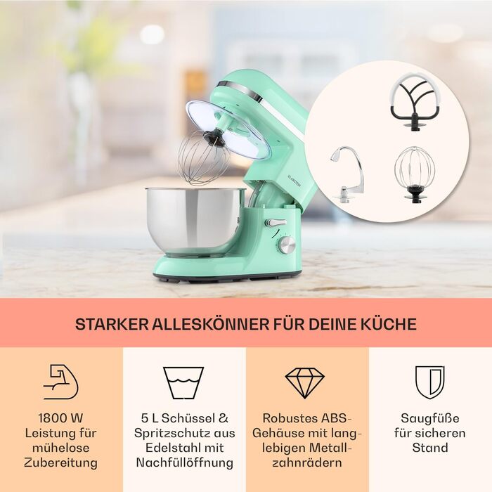 Klarstein 5L Stand Mixer - 2000W Kitchen Machine with Dough Hook & Whisk - 6 Speed Universal Mixer for Baking & Cooking (Green)
