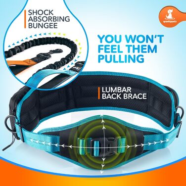 Спортивна повідка на талію для собак SparklyPets - Hands Free для середніх та великих порід. Комплект: тримач для телефону, пакети для екскрементів, кишеня для ласощів та тримач для пляшки. Оранжевий, для двох собак