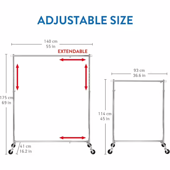 Tatkraft New York Clothes Rack Extendable Width and Height, Clothes Rack on Wheels, 86-143 x 44 x 100-165 cm, Mobile Stable Clothes Rack made of Stainless Steel (Steel)