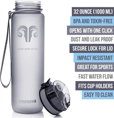 Embrava Best Sport Water Bottle - 1000ml - fast-flowing, flip-top leak-proof lid that opens with a click - non-toxic, BPA-free & eco-friendly Copolyester Tritan plastic