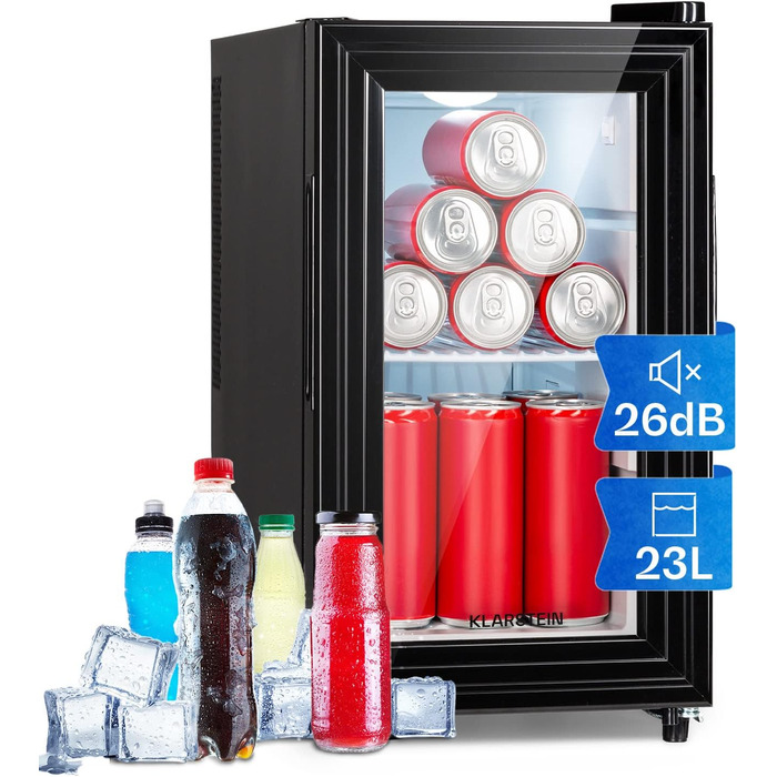 Klarstein Mini Fridge with Glass Door - Beverage, Snack & Cosmetic Cooler, Compact & Quiet, Adjustable Shelves, Skincare Fridge 12-18°C, 42L, Black and White