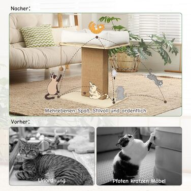 Котячий будиночок з дряпалкою Luxus: широка колона з берези, міцний, до 25 кг, сизаль, велике ліжко з подушкою з органічної льону, легко збирається, бежевий колір