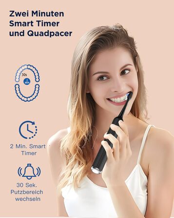 Електрична звукова зубна щітка для дорослих та дітей, 5 режимів чищення, 3 рівні інтенсивності, таймер, 8 насадок, чохол для подорожей, акумуляторна, чорний Obsidianschwarz