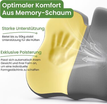 Подушка для сидіння з піни з пам'яті для куприкового болю, ергономічна подушка Coccyx для офісу, дому, авто та інвалідного візка, антиковзаюча основа (Сіра)