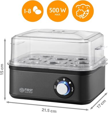 Яйцеварка First Austria TZS Grey - 8 яєць, 4 режими, функція приготування на пару, автовимкнення, захист від перегріву, мірна склянка та формочки для яєць