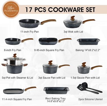 Kitchen Academy Induction Cookware Set, 17-Piece, Cookware Set with Glass Lids, Granite Pots and Pans Set Black 17 PCS Cookware Set Black