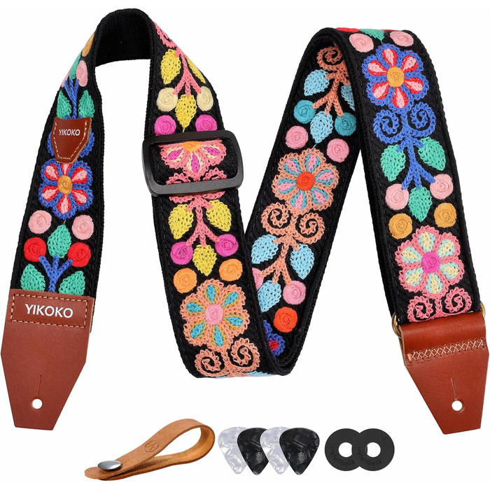 Гітарний ремінь 5,1 см з бавовни з шкіряними кінцями для бас-гітари, електрогітари та акустичної гітари (Кольорова квітка 02)