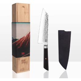 Японський кухонний ніж Santoku Bunka KOTAI 17 см з лезом із ультрагострої сталі 440C, ручне кування, з бамбуковою коробкою та футляром Saya