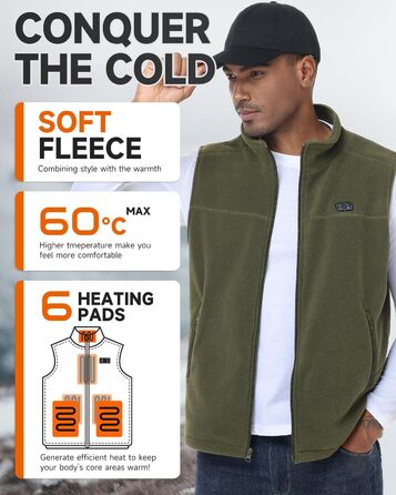 LABCOOL Грівачка жилетка для чоловіків, нагрівальна жилетка з мікрофлісу, 6 зон нагріву, 3 температурні режими, USB живлення з Powerbank 10000mAh, можна прати в пральній машині (Зелений, M)