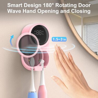 Biodzzs Wall-Mounted Toothbrush Holder and Cleaner, Smart Light Cleaning and Fan Drying, Automatic Rotating Cover, Toothbrush Case with Digital Screen, Portable, Blue (03 Pink)
