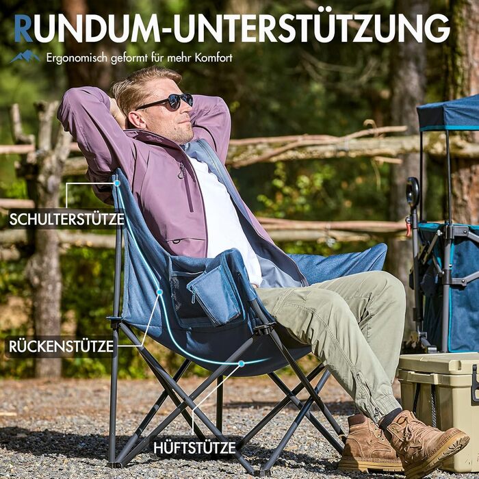 Крісло для кемпінгу складне, XXL, з підлокітниками, 150 кг, блакитне