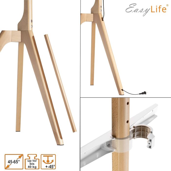 Підставка для телевізора EasyLife з дерева, штангель, трипод, для студії, до 65 дюймів, до 40 кг, поворотна, регульована по висоті, з управлінням кабелів, VESA до 400x400 (Чорний/Бук) (Білий/Волоський горіх)
