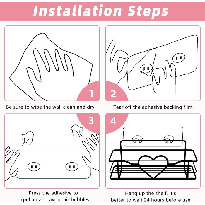 Двостороння поличка для душу без свердління, рожева, з 4 гачками, 11.5 см - органайзер для шампуню та мила