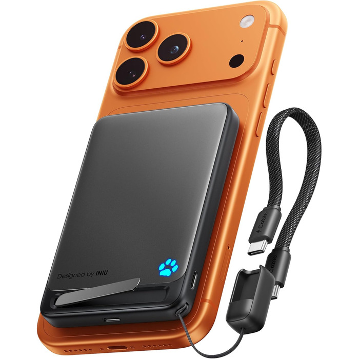 INIU Power Bank Magsafe 10000mAh 45W Qi2, чорний. З кабелем USB-C та підставкою, для iPhone 17/16/15/14/13