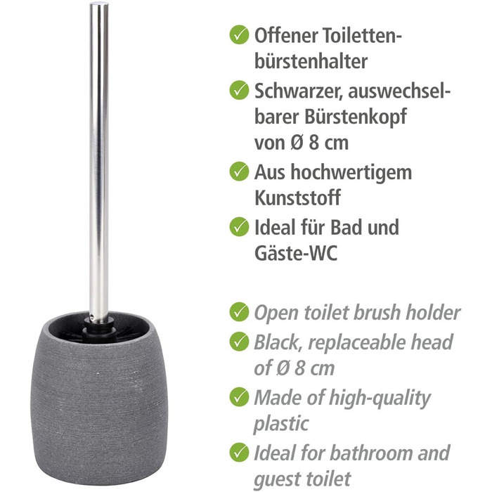 Набір для туалету WENKO Goa: тримач щітки з важкого полірезину та щітка з змінним насадком, сірий, 11,8 x 38,5 см