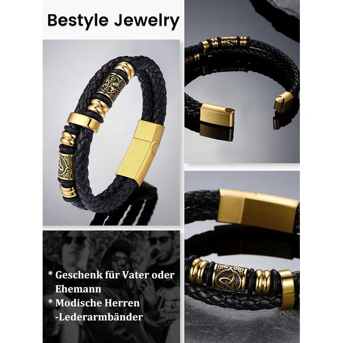Браслет шкіряний чоловічий Bestyle: Вікінгський браслет з нержавіючої сталі з магнітною застібкою (чорний/срібний/золотий), 25 см