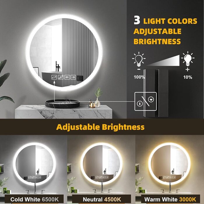 Дзеркало для ванної кімнати Viugreum з підсвічуванням 50x75 см, овальне LED дзеркало, регульована яскравість, 3 кольори світла, проти запотівання, годинник, сенсорне управління, LED дзеркало для ванної кімнати, вітальні