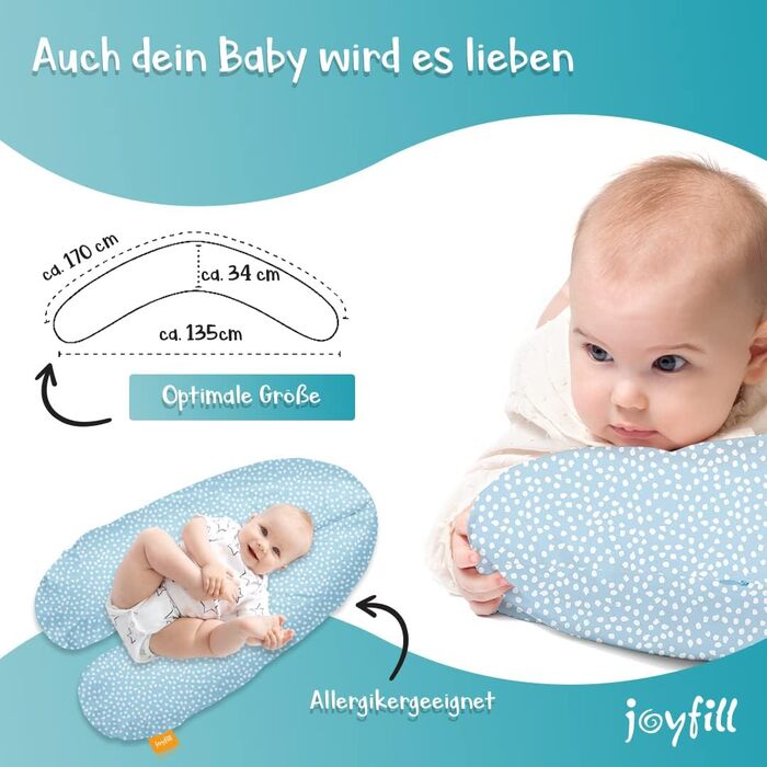 Подушка для годування та сну Joyfill® Premium 170 см з мікроперлинами, тиха та зручна, для вагітних і немовлят, дизайн Snow Flakes, 100% вироблено в Німеччині