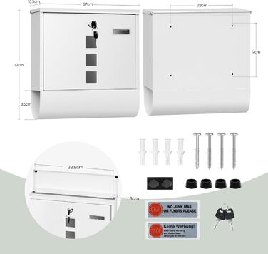 Поштовий ящик WOLTU з газетницею та вікном, персоналізований, з ключем, білий 37x37x10.5 см