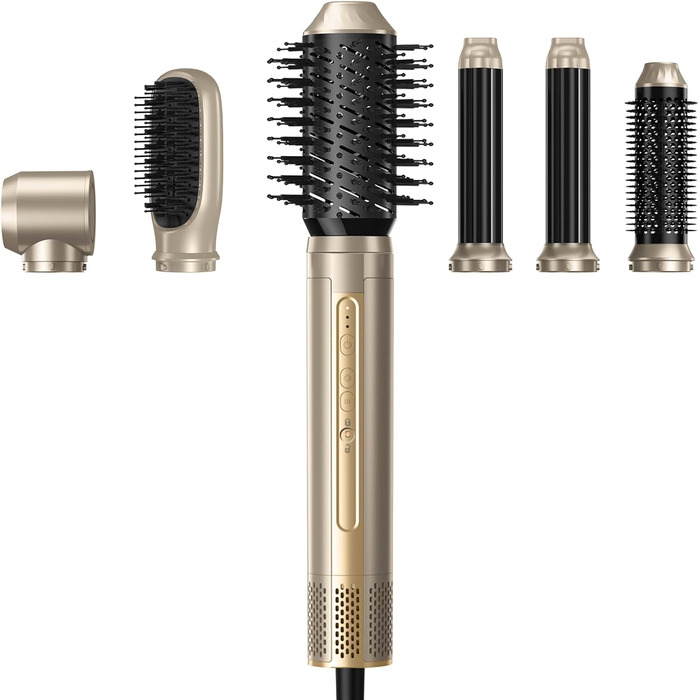 Набір для укладки волосся 6 в 1: стайлер, фен-щітка, плойка, термощітка, випрямляч, 110000 об/хв, для всіх типів волосся, золото