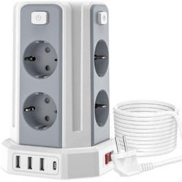 Мережевий фільтр Sameriver з 4 USB, 8 розеток, захистом від перенапруги, з вимикачем, 2м, білий