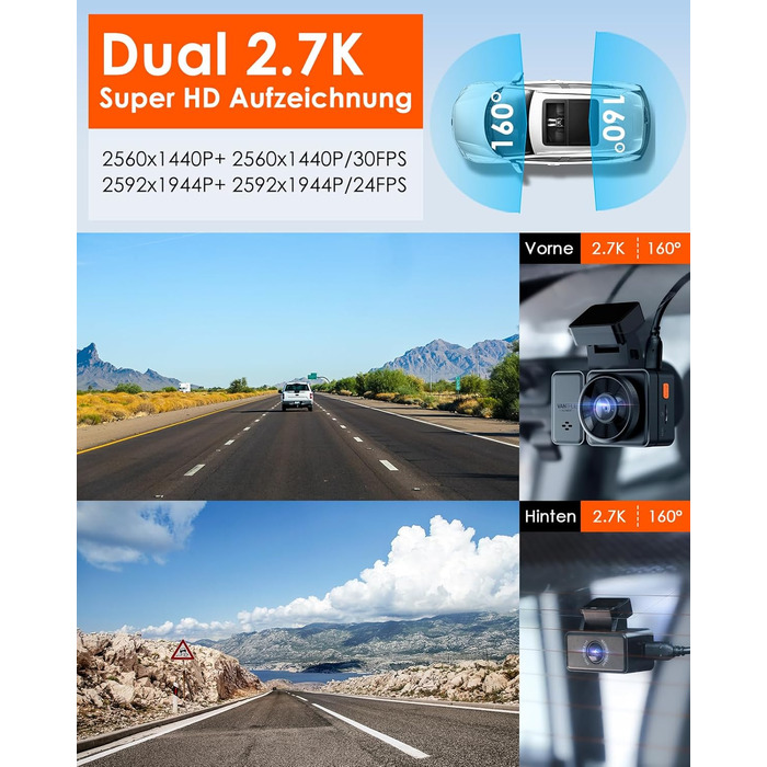 Відеореєстратор VANTRUE E2 Dual 2.7K+2.7K з GPS, WiFi та пультом керування. Подвійний об'єктив, нічне бачення, паркувальний режим, G-сенсор, підтримка карт пам'яті до 512GB