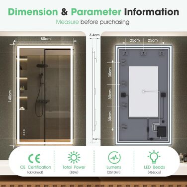 Дзеркало для ванної кімнати S'bagno з підсвічуванням 100x70 см, LED, з полицею, антизапар, 3000K/4000K/6500K, регулювання яскравості, HD-загартоване скло, IP44, горизонтальне/вертикальне встановлення (M55 Bluetooth)