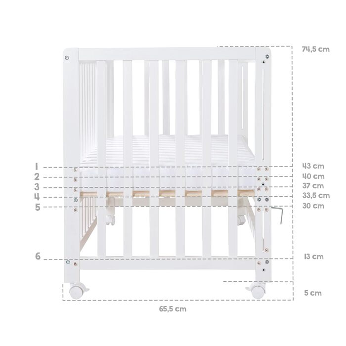 Дитяче ліжечко-колиска roba 60x120 см Jumbotwins, дерев'яне, з матрацом, постільною білизною та балдахіном, дизайн із слониками, мобільне, регульоване по висоті