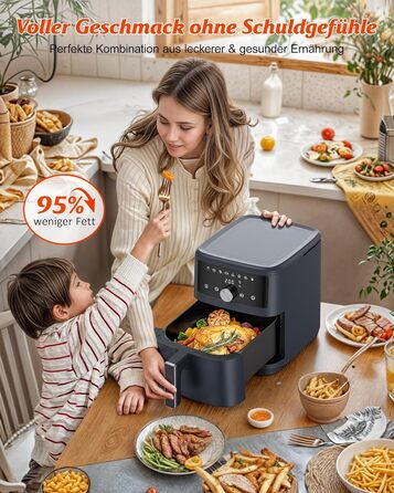 Аерофритюрниця Innsky 6 л, 8-в-1, електрична Heißluftfritteuse XXL, 1500 Вт, LED-сенсор, енергоощадна, тиха (50 дБ), для 3-5 осіб, сіра, квадратна, можна мити в посудомийці
