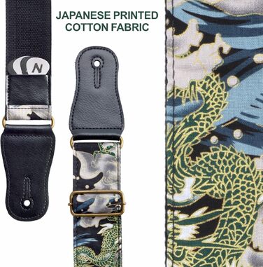 Японський гітарний ремінь Nefelibata з бавовни для акустичної гітари та укулеле, адаптер для голівки грифа, медіатори, регульована довжина 38'-64', візерунок дракона