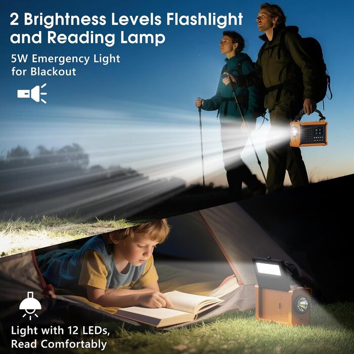 Радіоприймач Kurbelradio з DAB/DAB+/UKW, акумулятор 12000mAh, сонячна панель 8500mm², ручне радіо, Bluetooth 5.0, ліхтарик, для кемпінгу, зелений (жовтий)