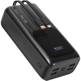 Power Bank 60000mAh 22.5W з LED-ліхтариком та вбудованим кабелем. Швидка зарядка USB-C, сумісний з iPhone, iPad, планшетами. Чорний