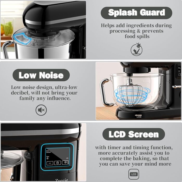 Kitchen Machine Zuccie Stand Mixer 1500W 5.5L Kitchen Machine 6 Speeds Dough Mixer with Dough Hook, Beater, Whisk and Splash Guard (Black)