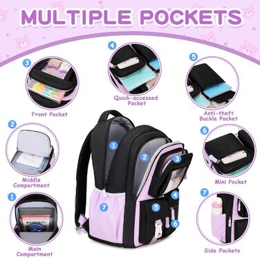 Дитячий рюкзак для дівчаток - шкільні сумки для учнів середньої школи - рюкзак для початкової школи, чорний та фіолетовий