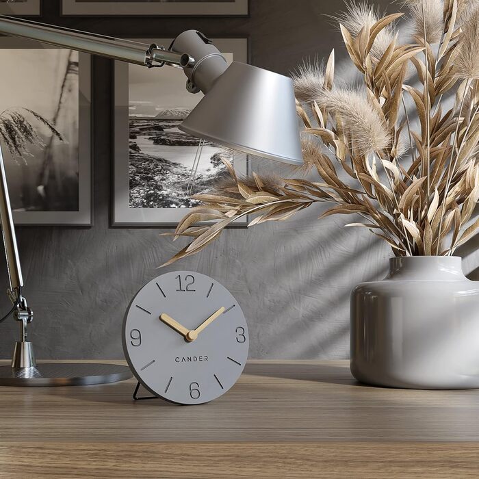 Cander Berlin MNU 2615 H Gray Table Clock, battery-powered, silent (no ticking), vintage, analog, modern, wood hands, MDF, 15 cm