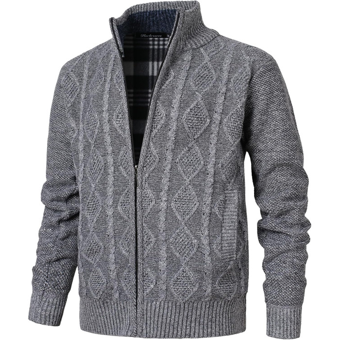 Чоловіча в'язана куртка-кардиган з коміром-стійкою та візерунком коси. Тепла флісова куртка з довгим рукавом для чоловіків (XXL, світло-сірий)
