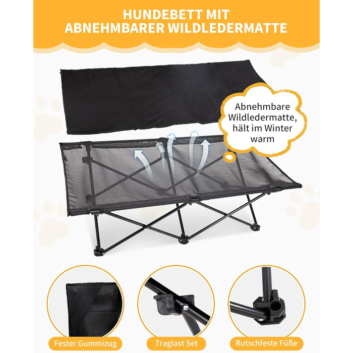 КінгКемп лежанка для собак, піднята лежанка для домашніх тварин, лежанка для собак на відкритому повітрі, чорна, 57 x 57 x 23 см (126 x 66 x 33 см)