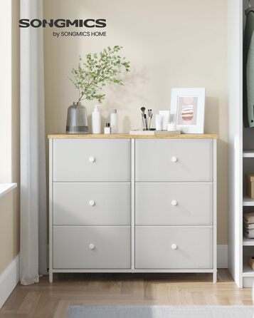 SONGMICS Chest of Drawers, Cabinet, 6 Fabric Drawers, Metal Frame, Storage Cabinet, for Children's Room, Bedroom, Hallway, Cream White-Oak Finish LTS323W57