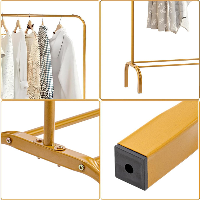 Підставка для одягу на підлозі, металева з полицею для взуття та нижньою полицею, золота, для спальні