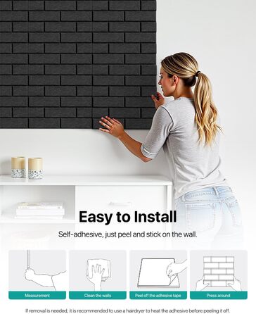 Самоклеючі акустичні панелі для шумоізоляції стін, звукопоглинаючі плити цегляного типу, 30x30x0.9 см, чорні, 12 шт (4 кг)